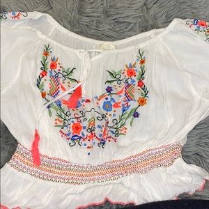 White Embroidered Cinched Waist Shirt